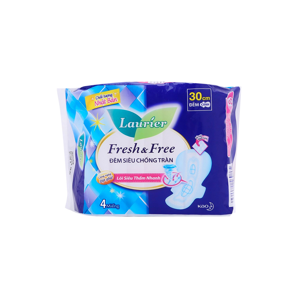 Băng Vệ Sinh Laurier Fresh & Free Đêm Siêu Chống Tràn 30 cm - 4 Miếng
